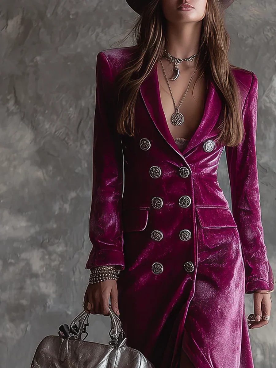 Purple Button-Down Velvet Long Blazer Maxi Dress - Eliza-Warszawa