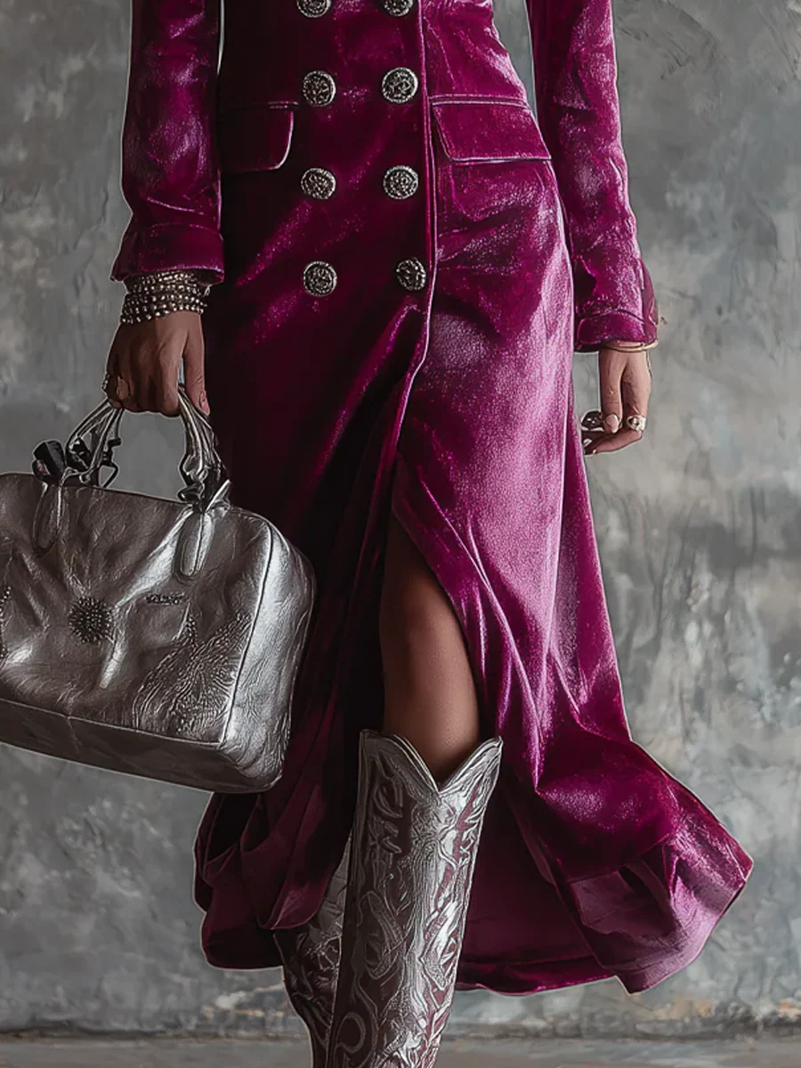 Purple Button-Down Velvet Long Blazer Maxi Dress - Eliza-Warszawa