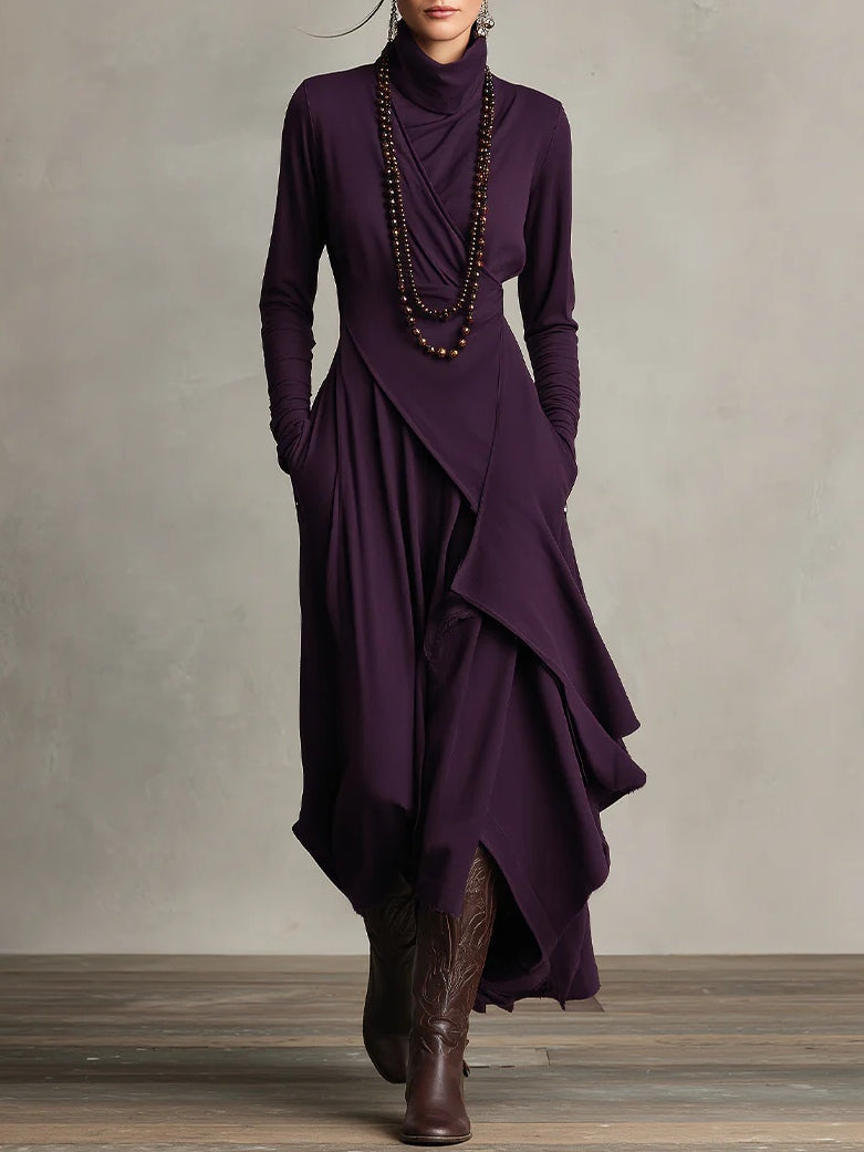 Purple High-neck Asymmetrical Pleated Maxi Dress - Eliza-Warszawa