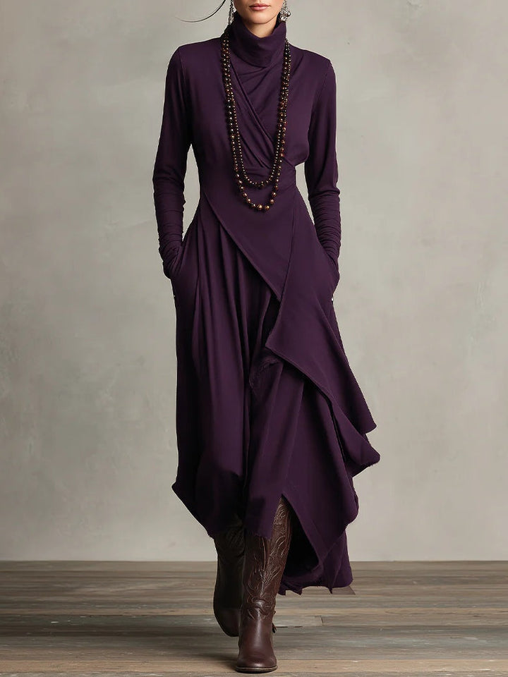 Purple High-neck Asymmetrical Pleated Maxi Dress - Eliza-Warszawa