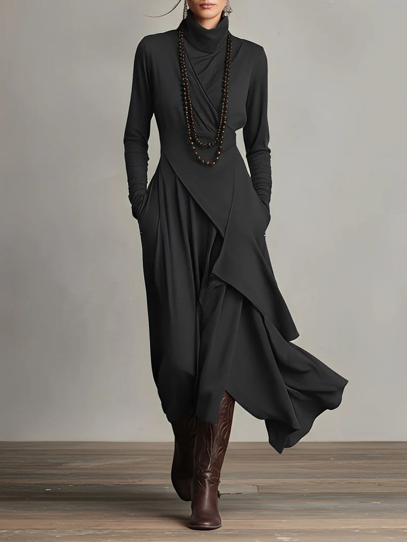 Purple High-neck Asymmetrical Pleated Maxi Dress - Eliza-Warszawa