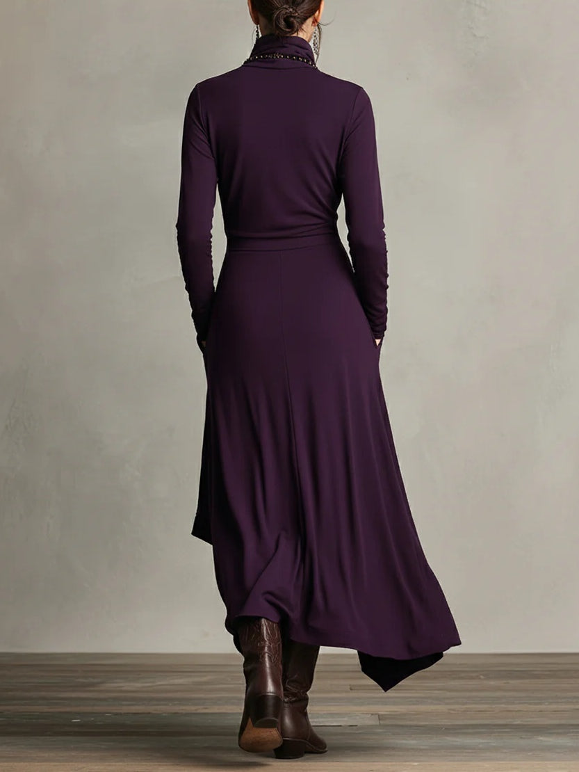 Purple High-neck Asymmetrical Pleated Maxi Dress - Eliza-Warszawa
