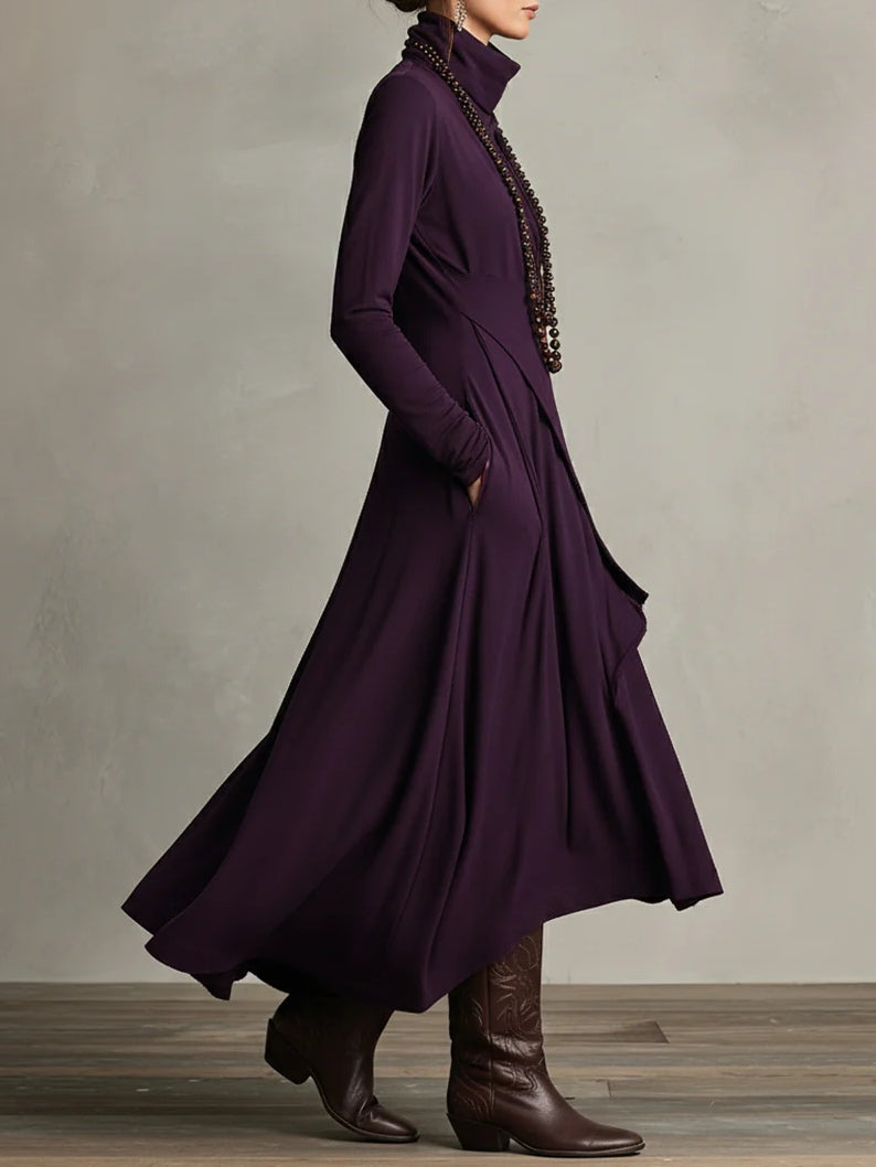 Purple High-neck Asymmetrical Pleated Maxi Dress - Eliza-Warszawa