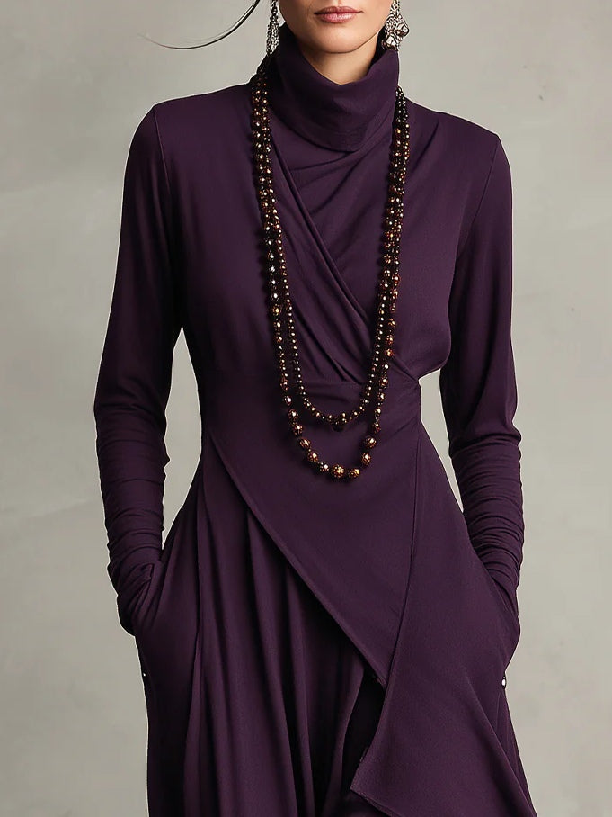 Purple High-neck Asymmetrical Pleated Maxi Dress - Eliza-Warszawa