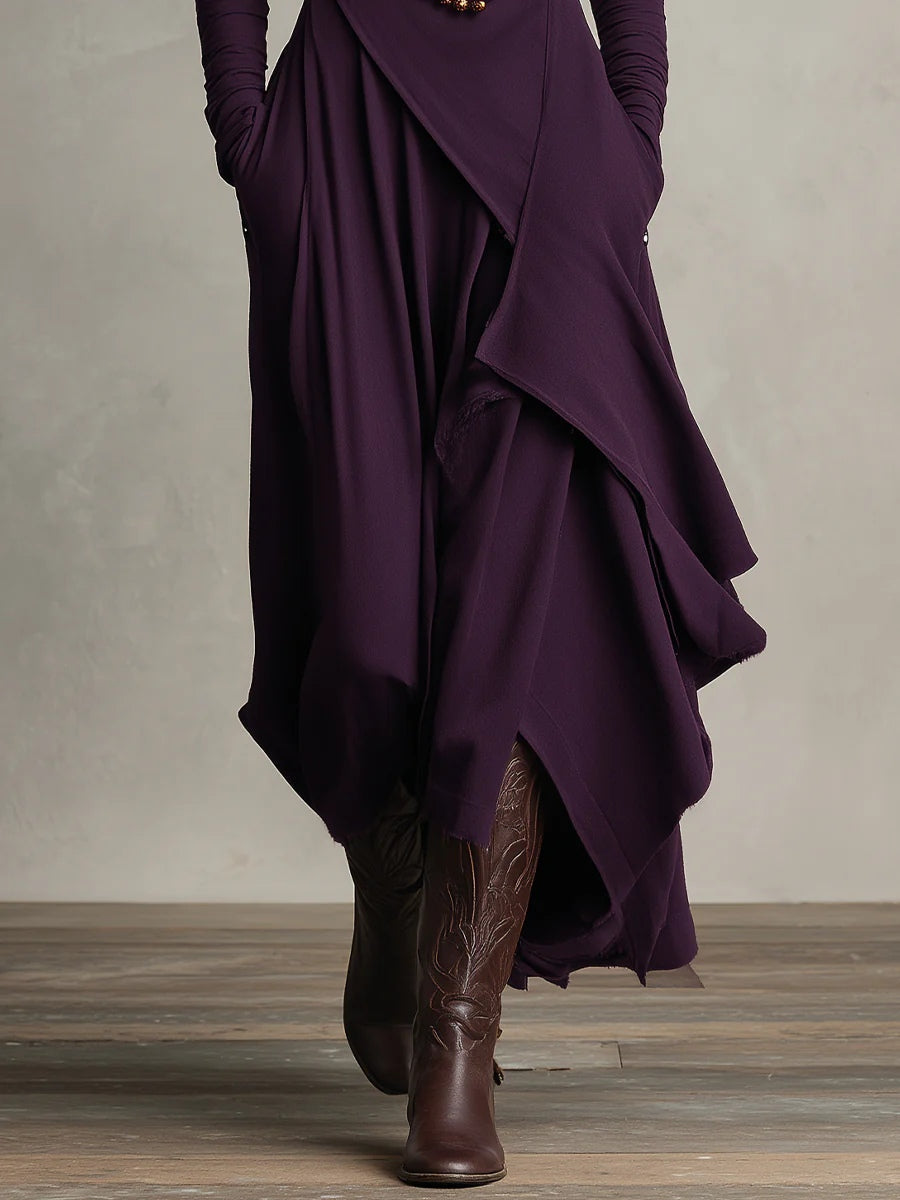Purple High-neck Asymmetrical Pleated Maxi Dress - Eliza-Warszawa