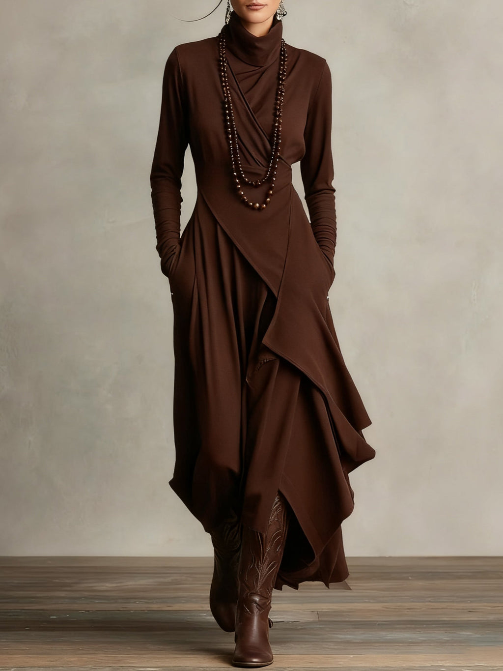 Purple High-neck Asymmetrical Pleated Maxi Dress - Eliza-Warszawa