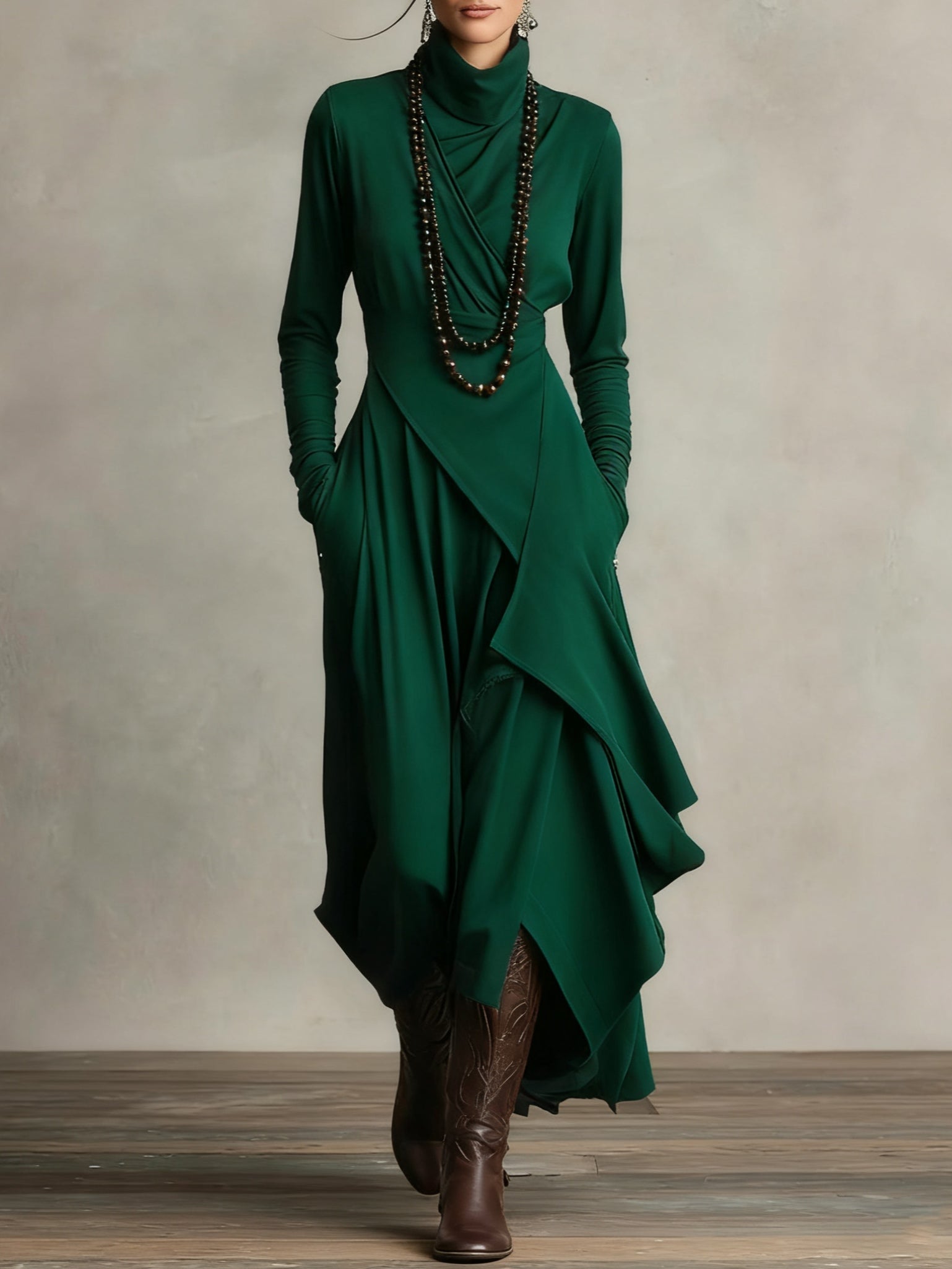 Purple High-neck Asymmetrical Pleated Maxi Dress - Eliza-Warszawa