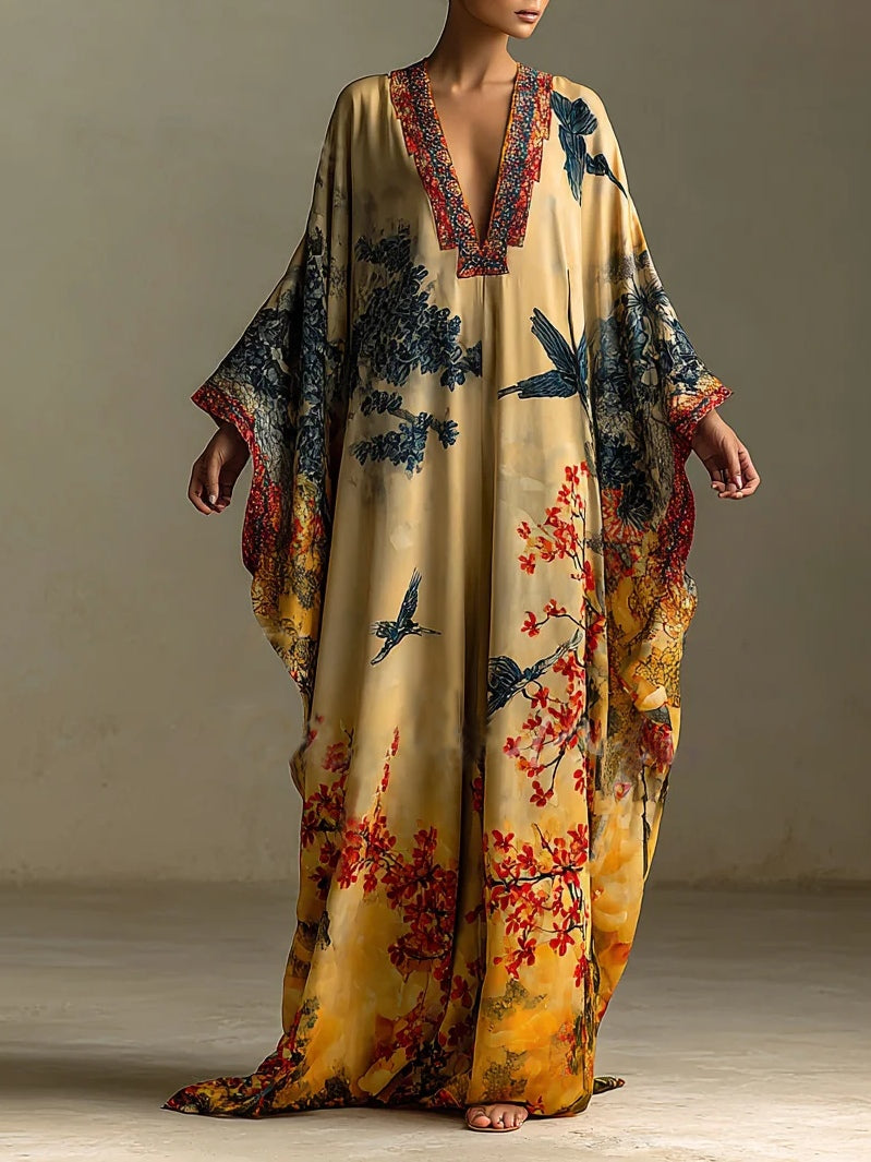 Red Maple Blossom And Bird Art Print Batwing Sleeve Long Robe Dress - Eliza-Warszawa