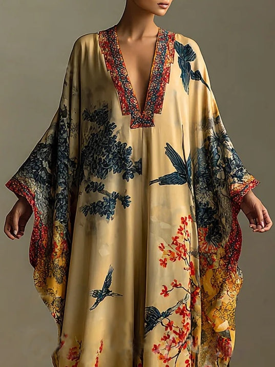 Red Maple Blossom And Bird Art Print Batwing Sleeve Long Robe Dress - Eliza-Warszawa