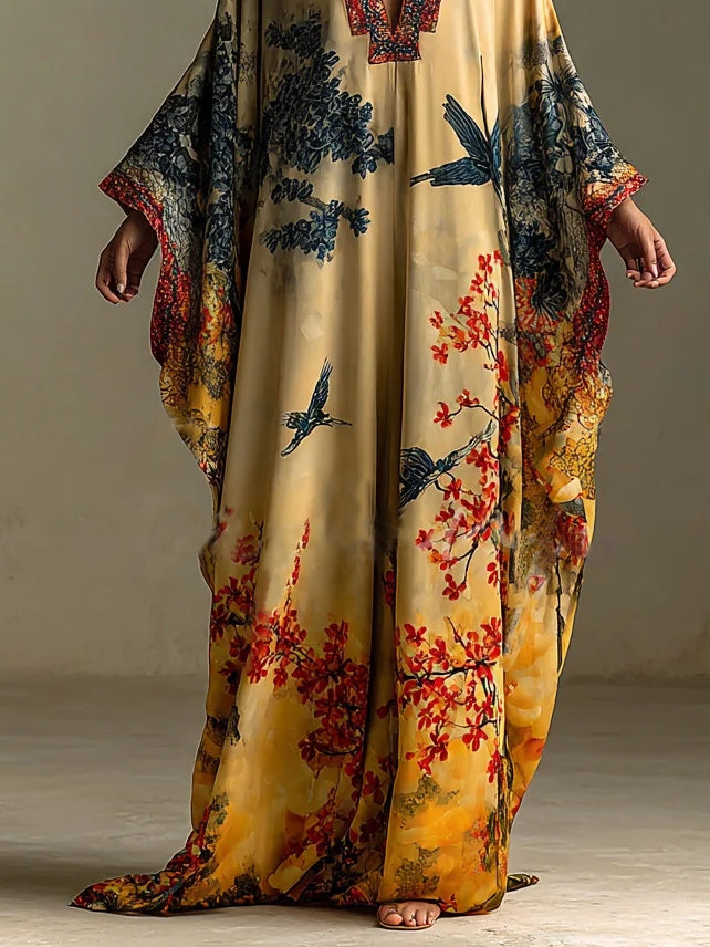 Red Maple Blossom And Bird Art Print Batwing Sleeve Long Robe Dress - Eliza-Warszawa