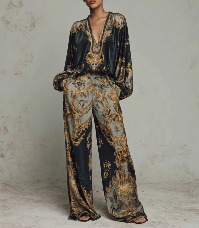 Maple | Retro Baroque Print Deep V-Neck Relaxed Fit Set - Eliza-Warszawa