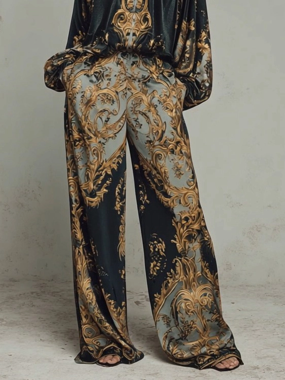 Maple | Retro Baroque Print Deep V-Neck Relaxed Fit Set - Eliza-Warszawa