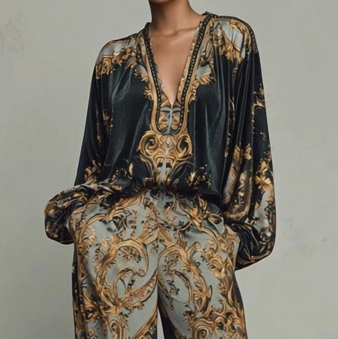 Maple | Retro Baroque Print Deep V-Neck Relaxed Fit Set - Eliza-Warszawa