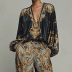 Maple | Retro Baroque Print Deep V-Neck Relaxed Fit Set - Eliza-Warszawa