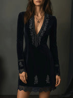 Retro Black Velvet Embroidered Lace Trim Mini Dress - Eliza-Warszawa
