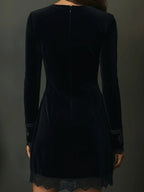 Retro Black Velvet Embroidered Lace Trim Mini Dress - Eliza-Warszawa
