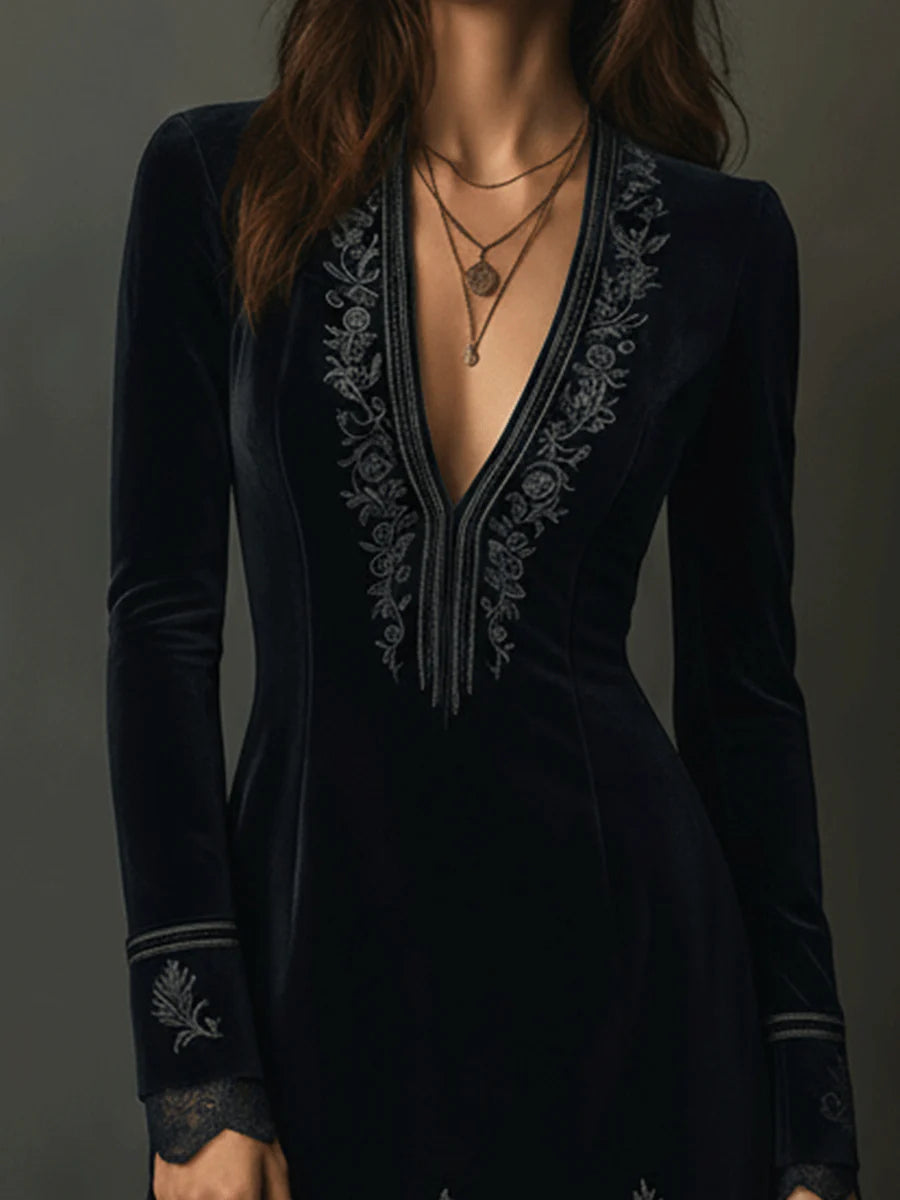 Retro Black Velvet Embroidered Lace Trim Mini Dress - Eliza-Warszawa