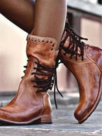 Retro British style rivet lace-up mid-calf boots - Eliza-Warszawa