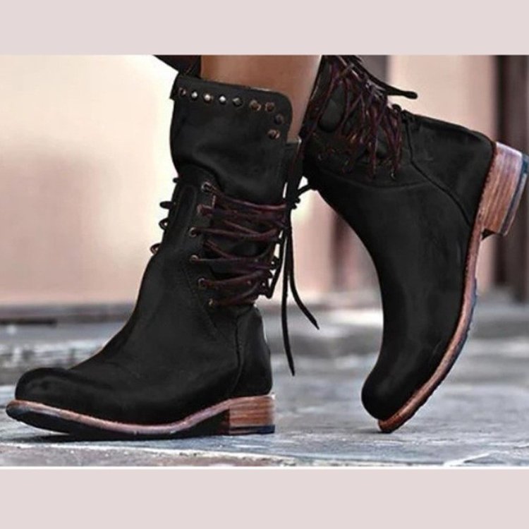 Retro British style rivet lace-up mid-calf boots - Eliza-Warszawa