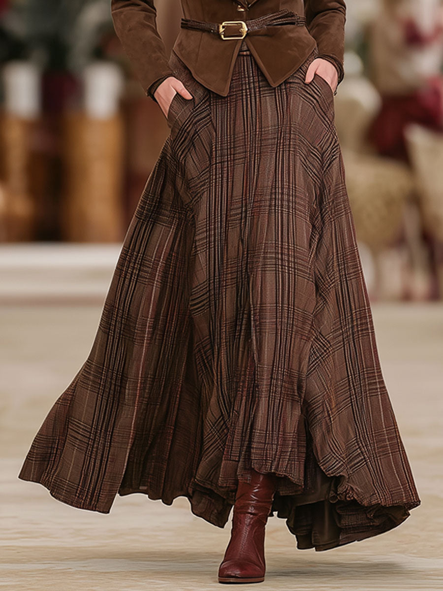 Retro Brown Plaid Double Pocket Elastic Waist Skirt - Eliza-Warszawa