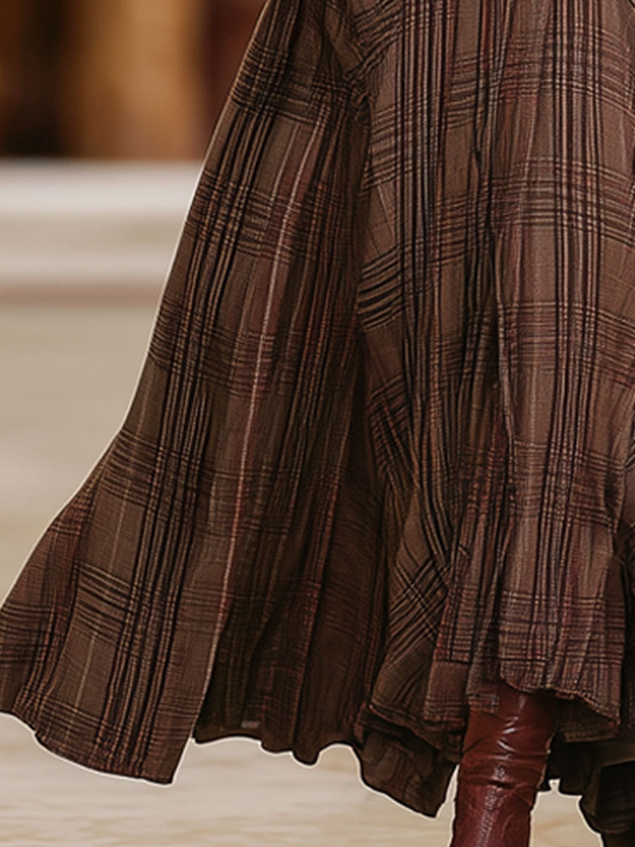 Retro Brown Plaid Double Pocket Elastic Waist Skirt - Eliza-Warszawa