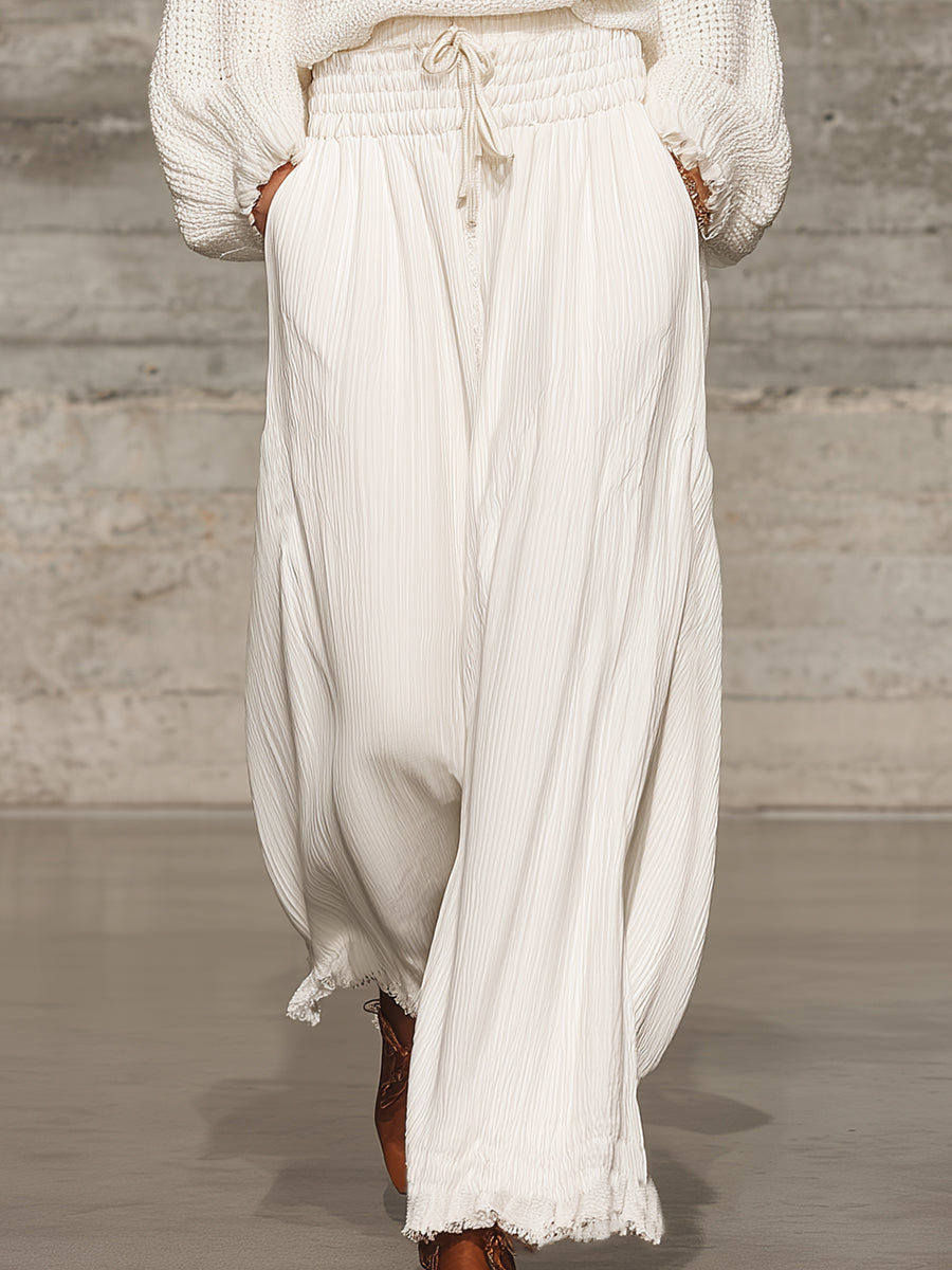 Retro Casual White Elastic Waist Wide-leg Pants - Eliza-Warszawa