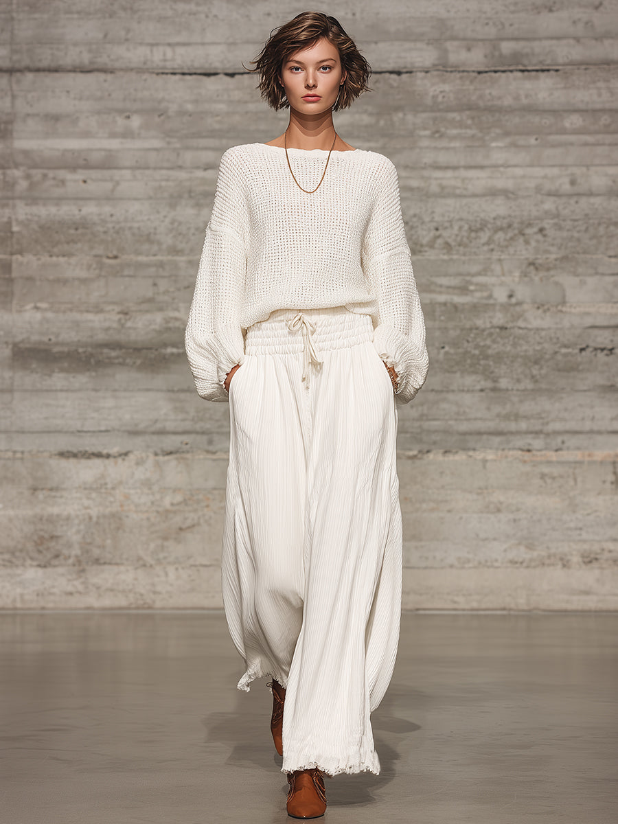 Retro Casual White Elastic Waist Wide-leg Pants - Eliza-Warszawa
