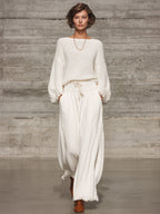 Retro Casual White Elastic Waist Wide-leg Pants - Eliza-Warszawa