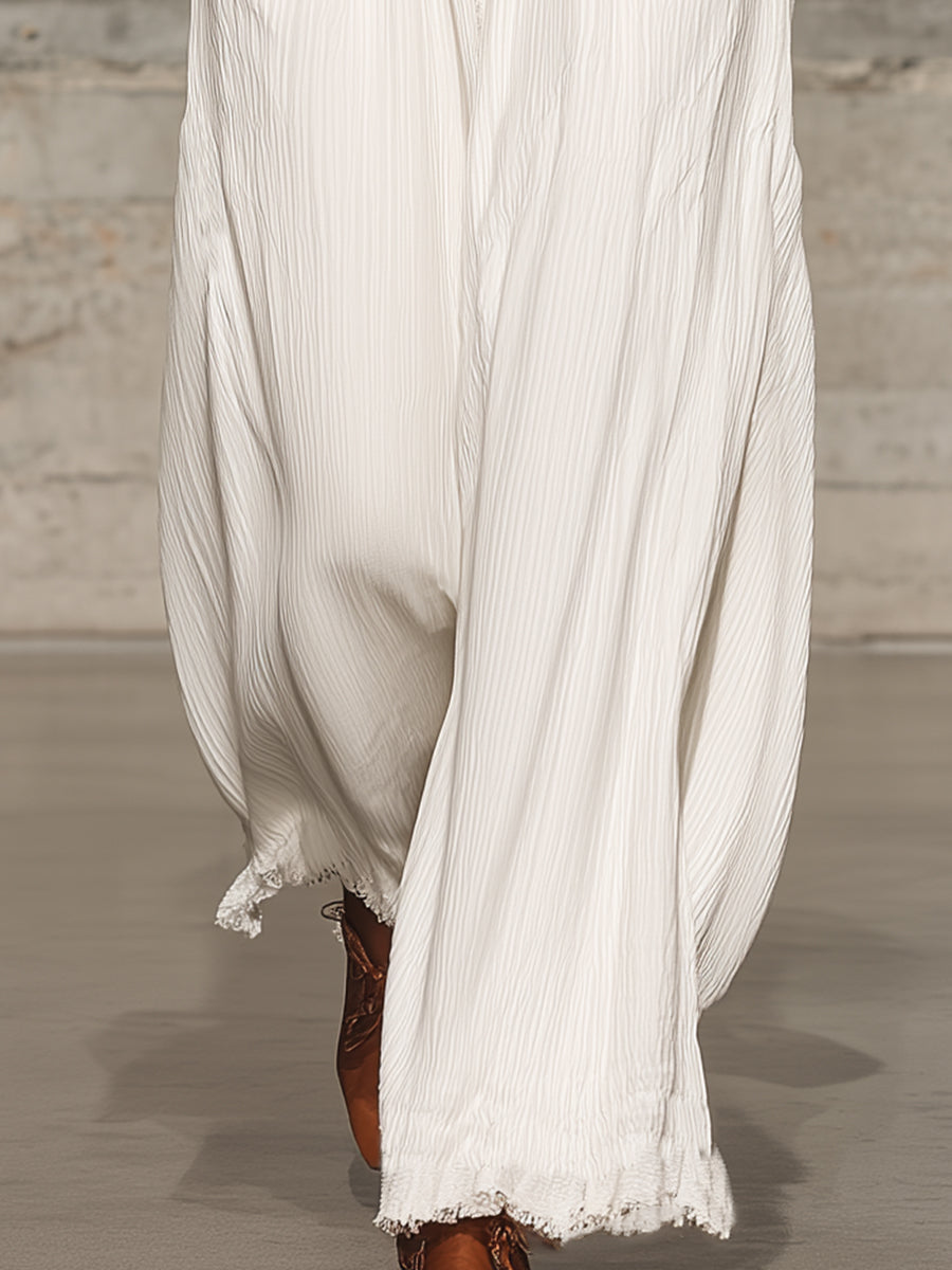 Retro Casual White Elastic Waist Wide-leg Pants - Eliza-Warszawa