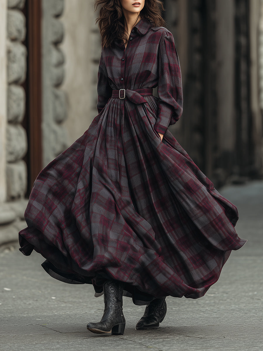 Retro Elegant Plaid Printed Lantern Sleeve Shirt Maxi Dress With Belt - Eliza-Warszawa