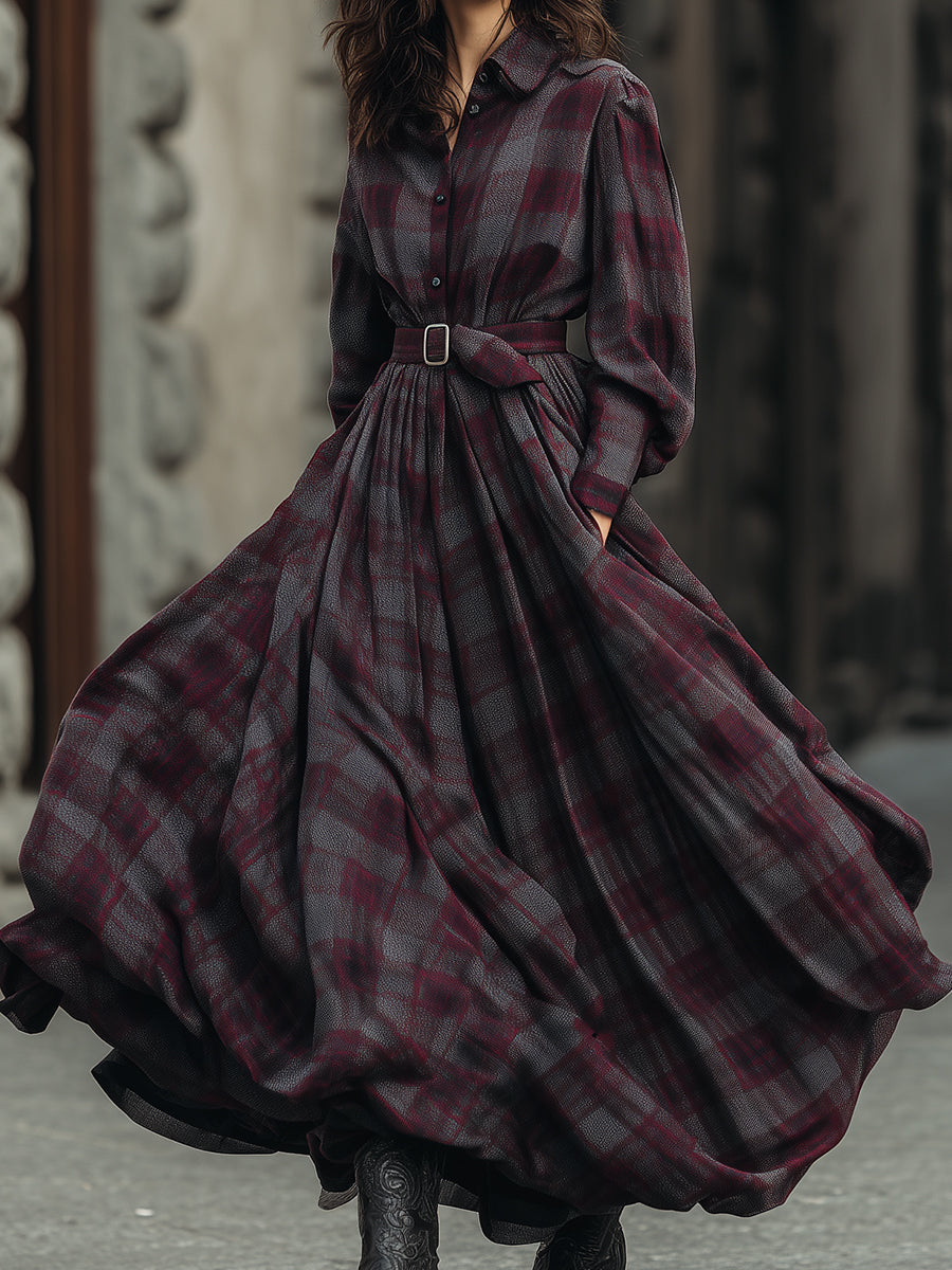 Retro Elegant Plaid Printed Lantern Sleeve Shirt Maxi Dress With Belt - Eliza-Warszawa