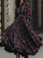 Retro Elegant Plaid Printed Lantern Sleeve Shirt Maxi Dress With Belt - Eliza-Warszawa