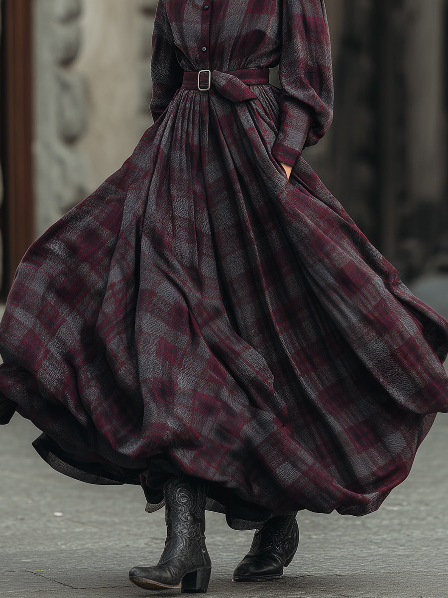 Retro Elegant Plaid Printed Lantern Sleeve Shirt Maxi Dress With Belt - Eliza-Warszawa