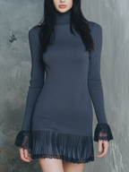 Retro High-neck Lace Cuffs And Pleated Hem Knitted Mini Dress - Eliza-Warszawa