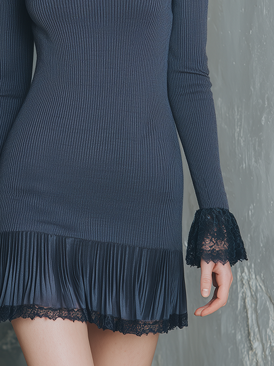 Retro High-neck Lace Cuffs And Pleated Hem Knitted Mini Dress - Eliza-Warszawa