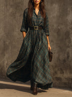 Retro Plaid Cotton-blend Single-breasted Maxi Dress With Belt - Eliza-Warszawa