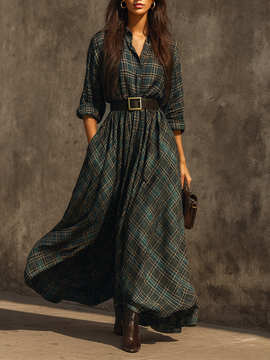 Retro Plaid Cotton-blend Single-breasted Maxi Dress With Belt - Eliza-Warszawa