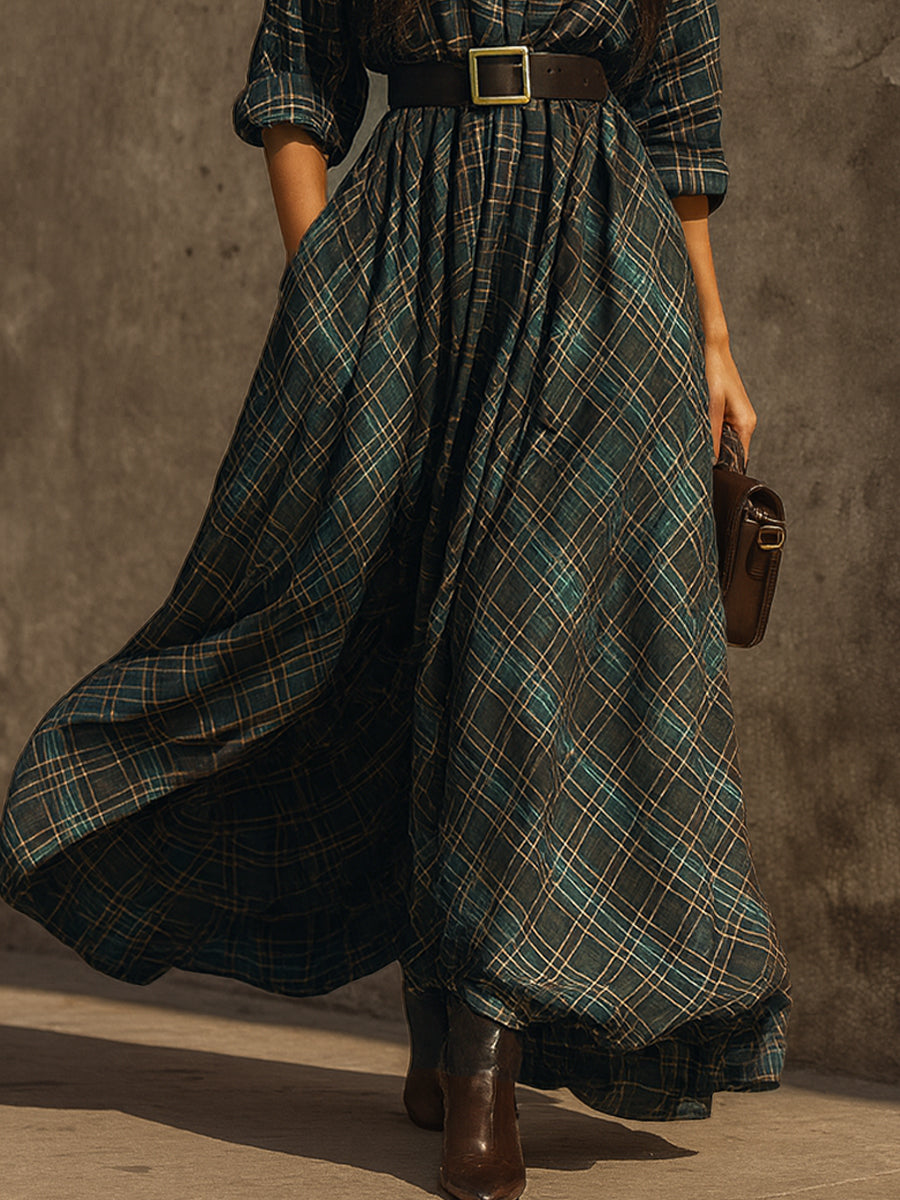 Retro Plaid Cotton-blend Single-breasted Maxi Dress With Belt - Eliza-Warszawa