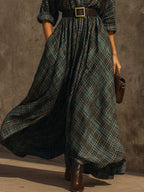 Retro Plaid Cotton-blend Single-breasted Maxi Dress With Belt - Eliza-Warszawa