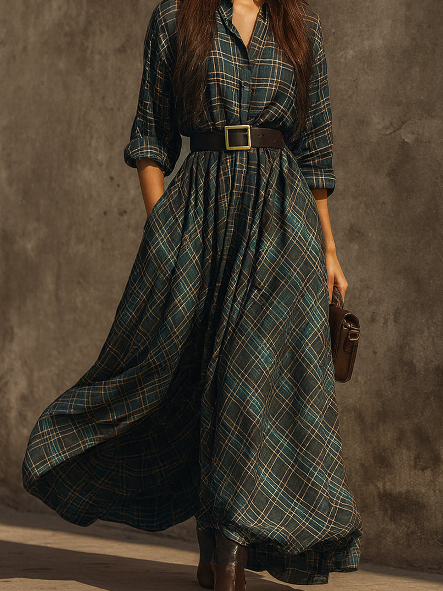 Retro Plaid Cotton-blend Single-breasted Maxi Dress With Belt - Eliza-Warszawa