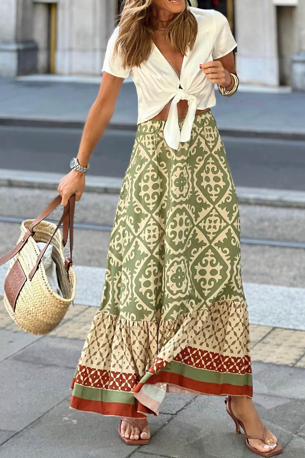 Retro Print Ruched Midi Skirt - Eliza-Warszawa
