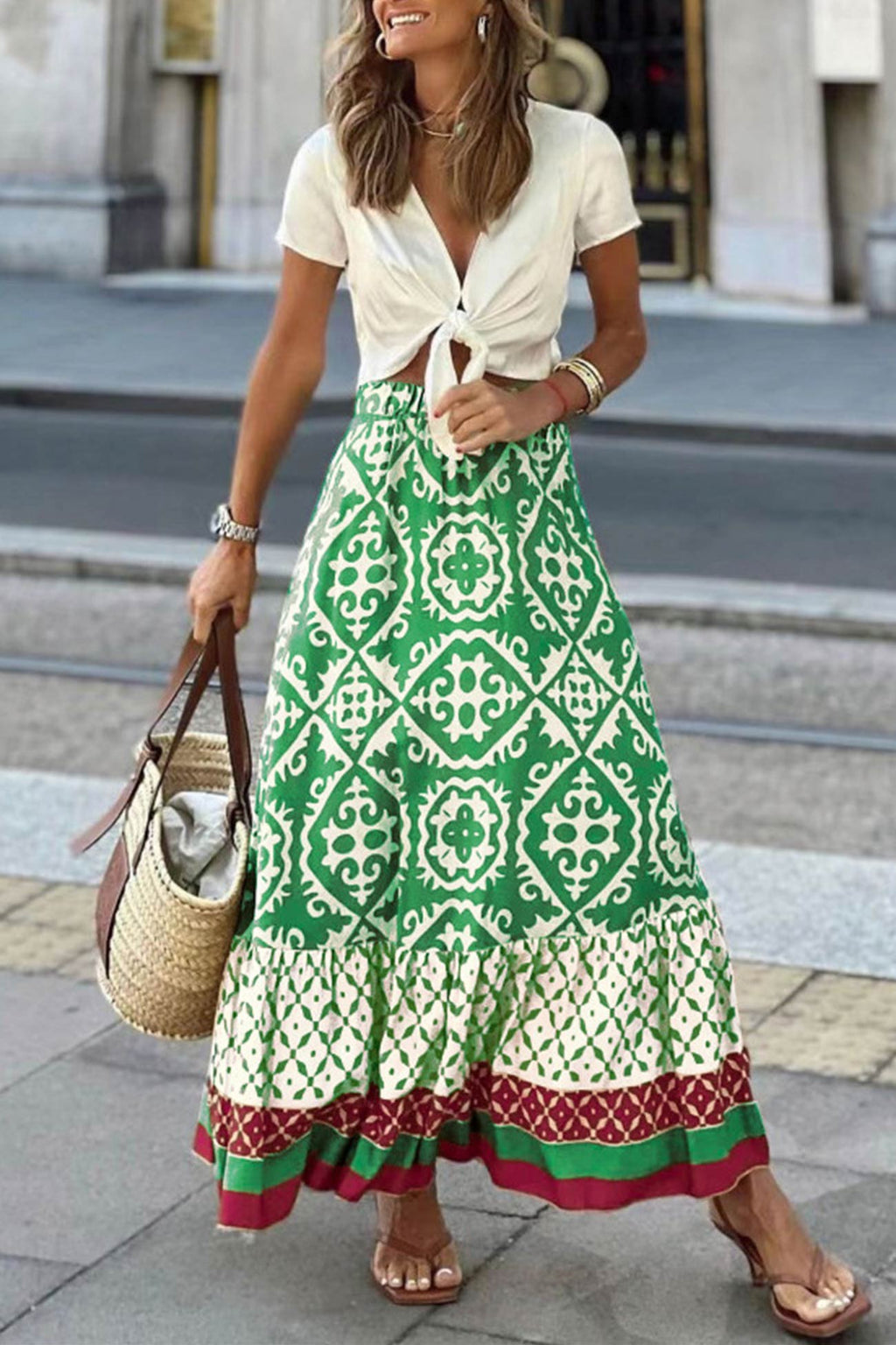 Retro Print Ruched Midi Skirt - Eliza-Warszawa