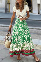 Retro Print Ruched Midi Skirt - Eliza-Warszawa