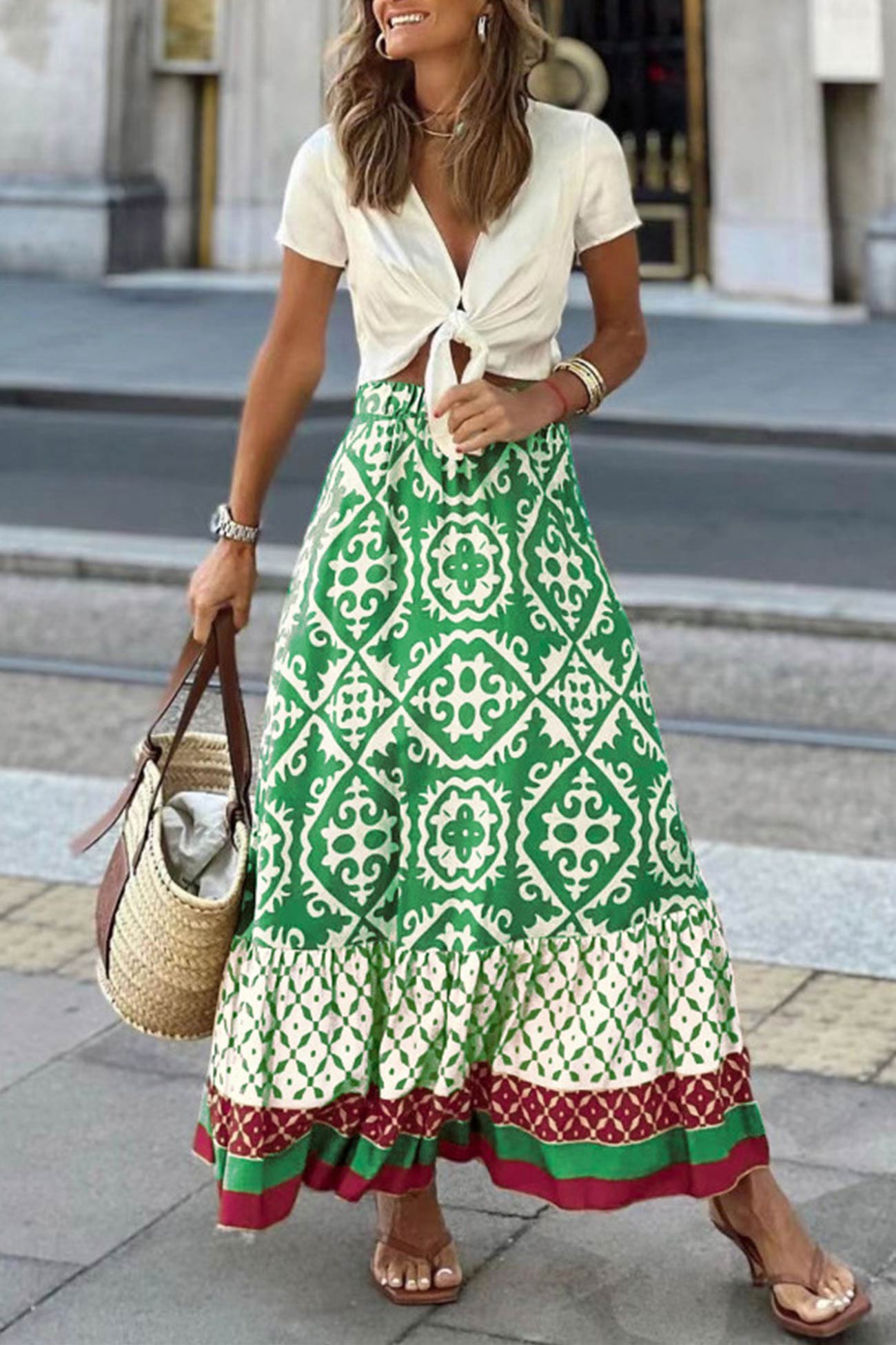 Retro Print Ruched Midi Skirt - Eliza-Warszawa