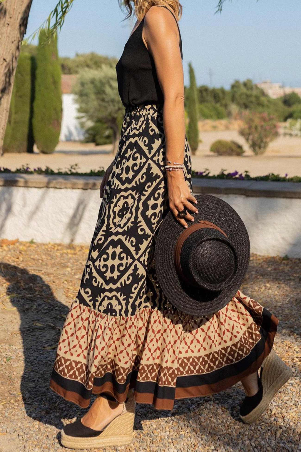 Retro Print Ruched Midi Skirt - Eliza-Warszawa