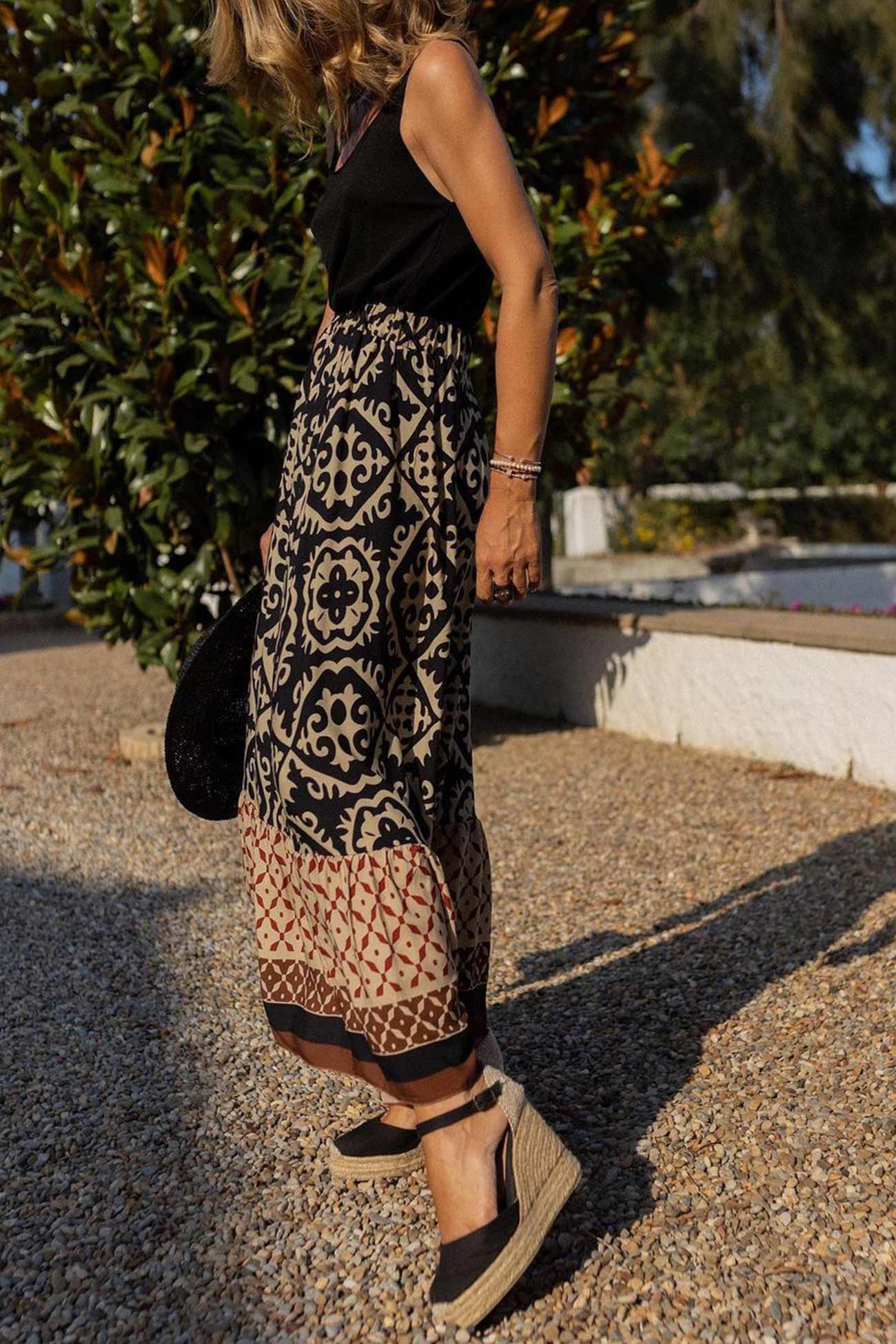 Retro Print Ruched Midi Skirt - Eliza-Warszawa