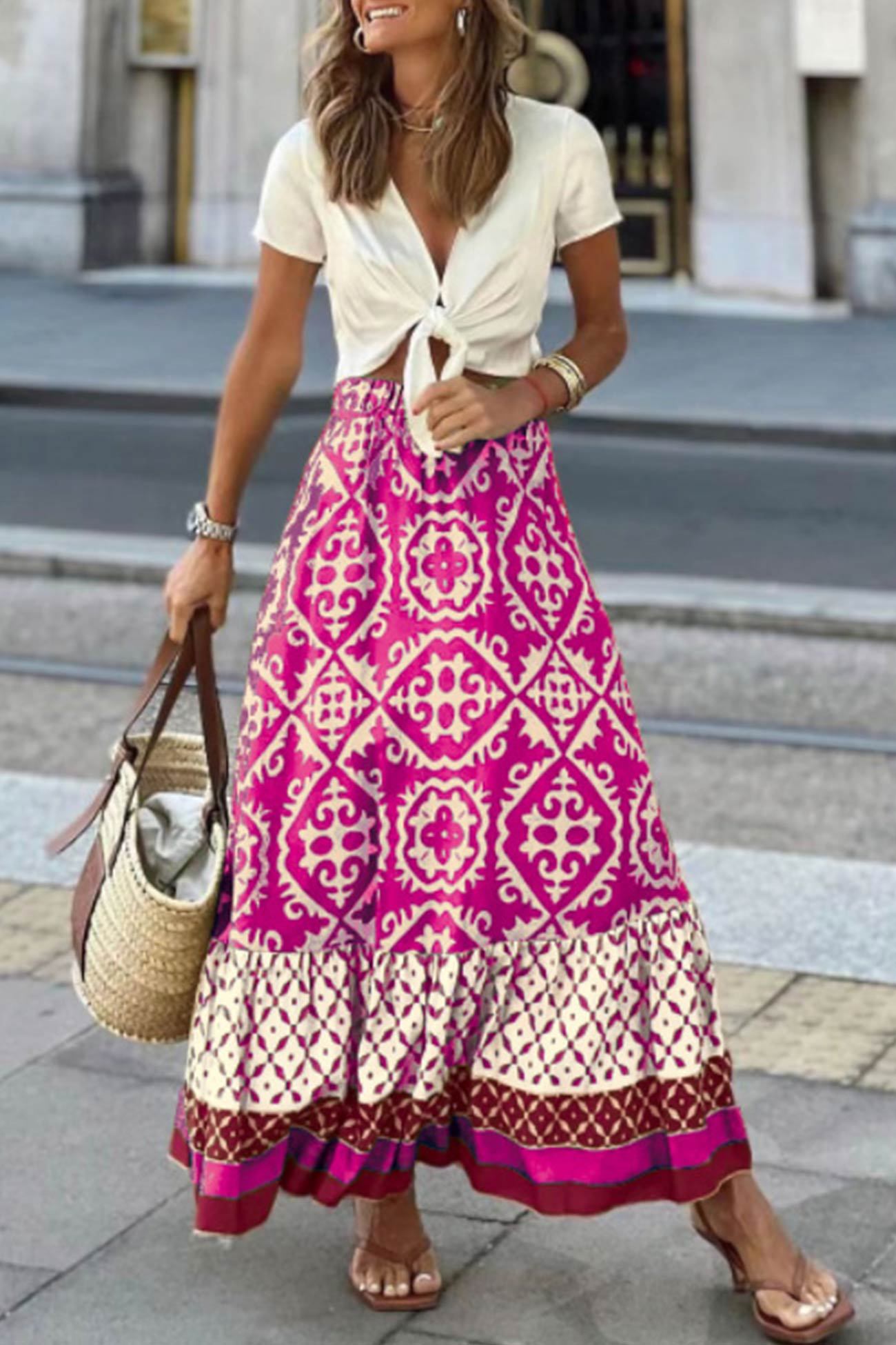 Retro Print Ruched Midi Skirt - Eliza-Warszawa