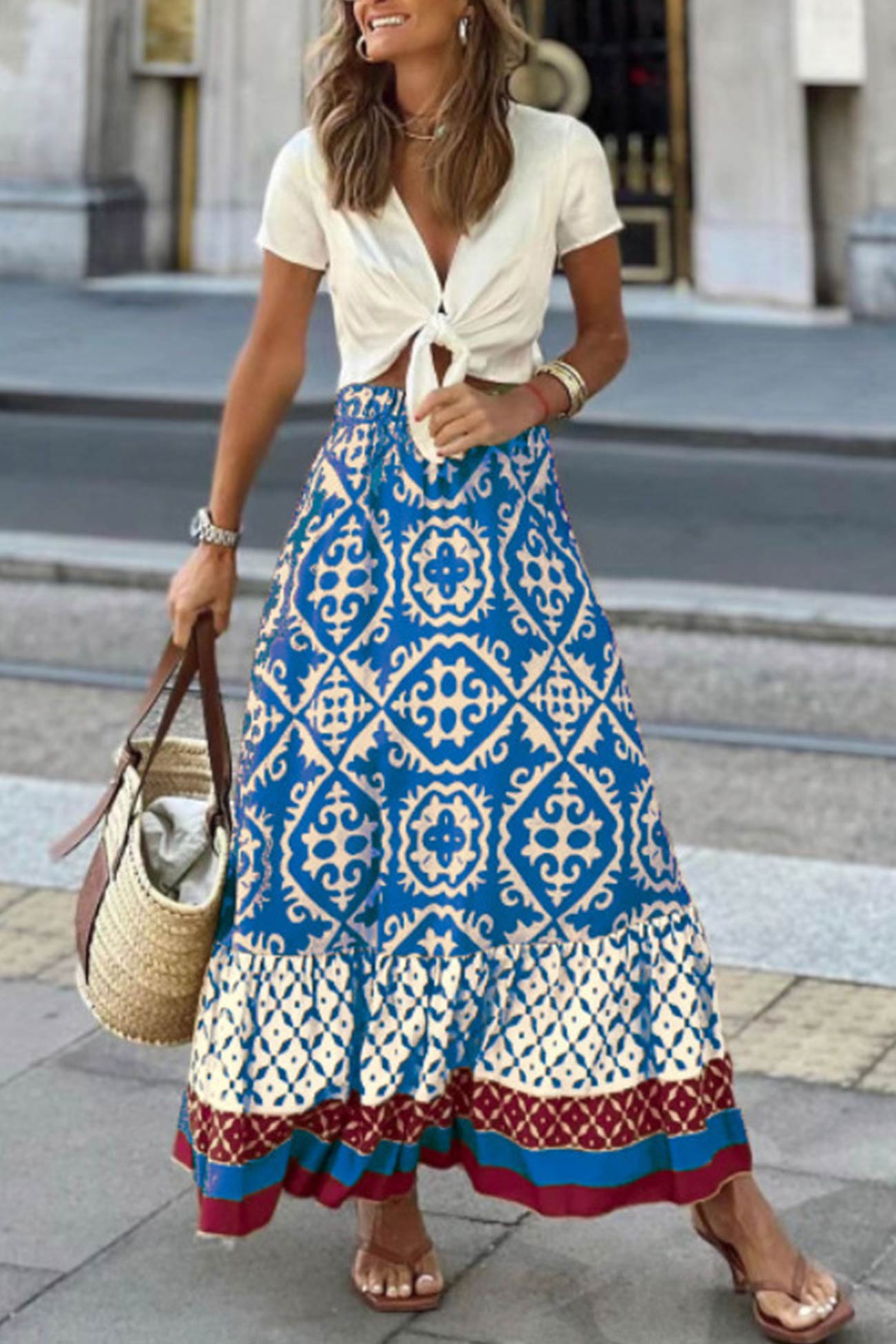 Retro Print Ruched Midi Skirt - Eliza-Warszawa