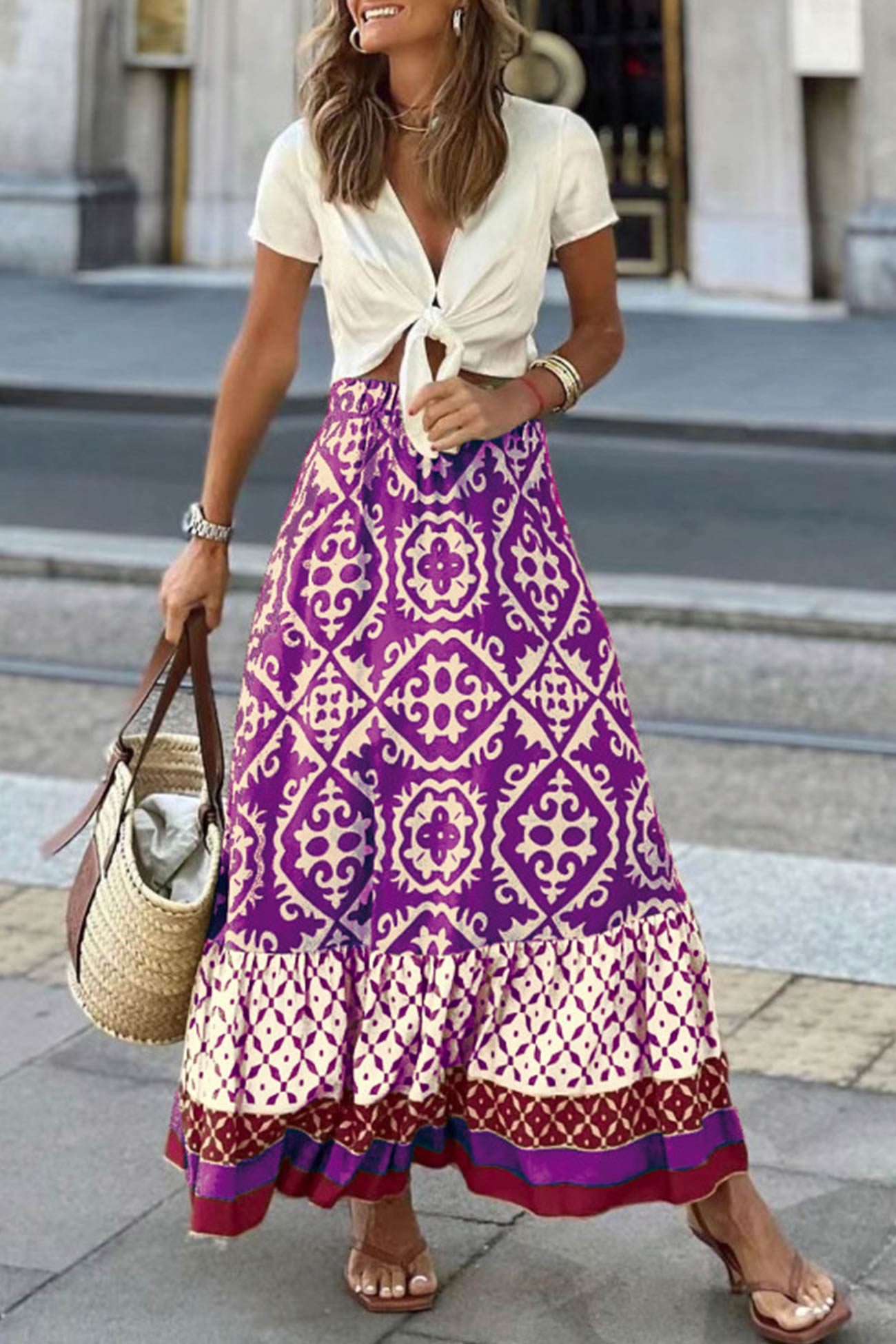 Retro Print Ruched Midi Skirt - Eliza-Warszawa