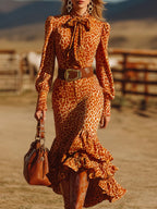 Retro Ruffled Orange Leopard Velvet Maxi Dress - Eliza-Warszawa